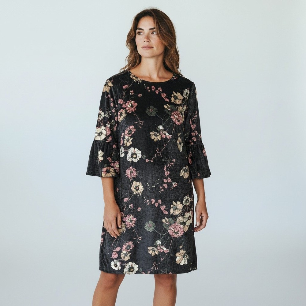Chicos Velvet Floral Bell‎ Sleeve Dark Romantic Dress Size 2 US 12/14 Black Pink